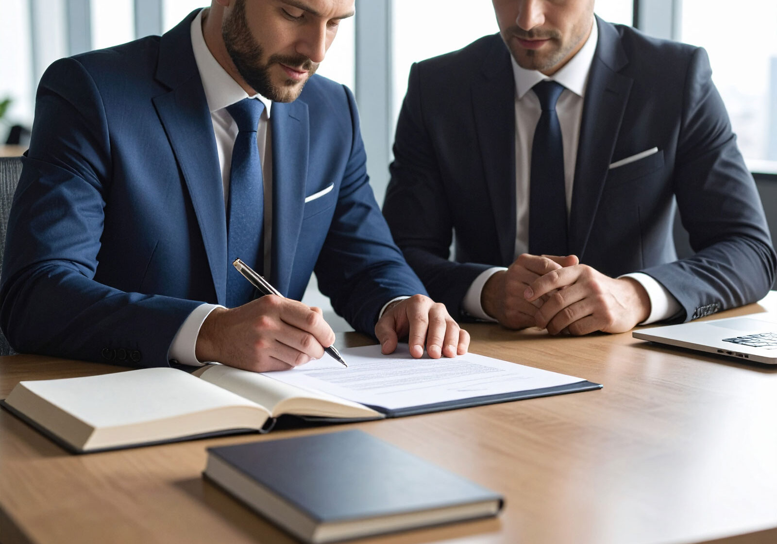 business-man-seating-on-a-desk,-one-of-them-signing-a-contract,-with-a-book business-man-seating-on-a-desk,-one-of-them-signing-a-contract,-with-a-book