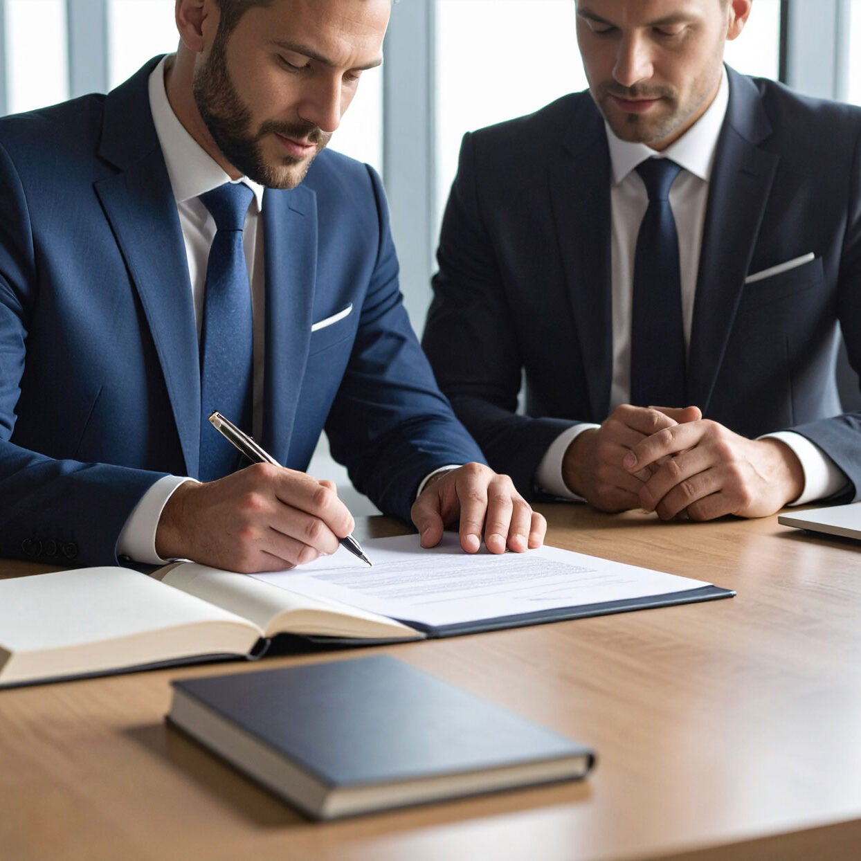 business-man-seating-on-a-desk,-one-of-them-signing-a-contract,-with-a-book