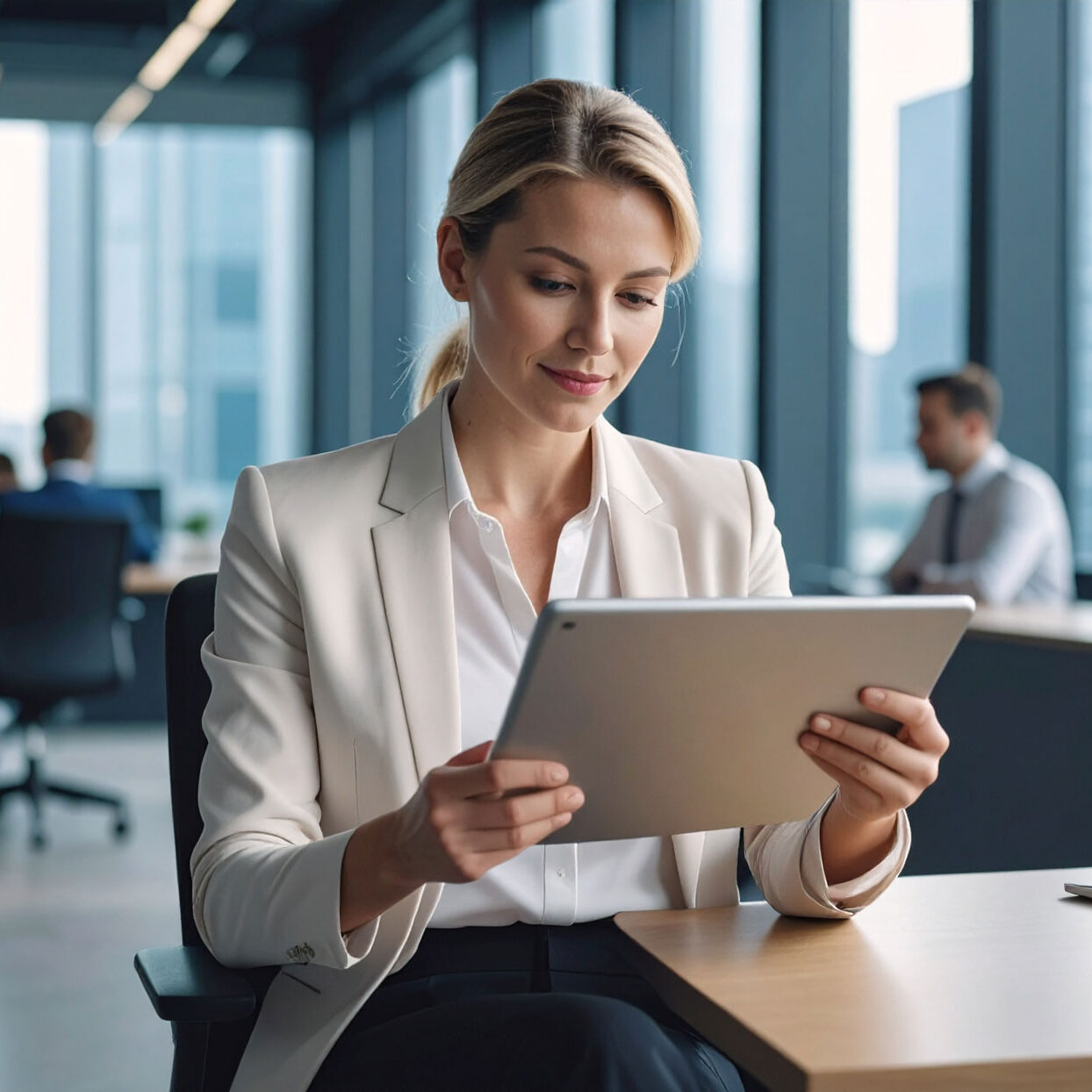 business-woman-reading-the-news-at-a-tablet-seating-down business-woman-reading-the-news-at-a-tablet-seating-down