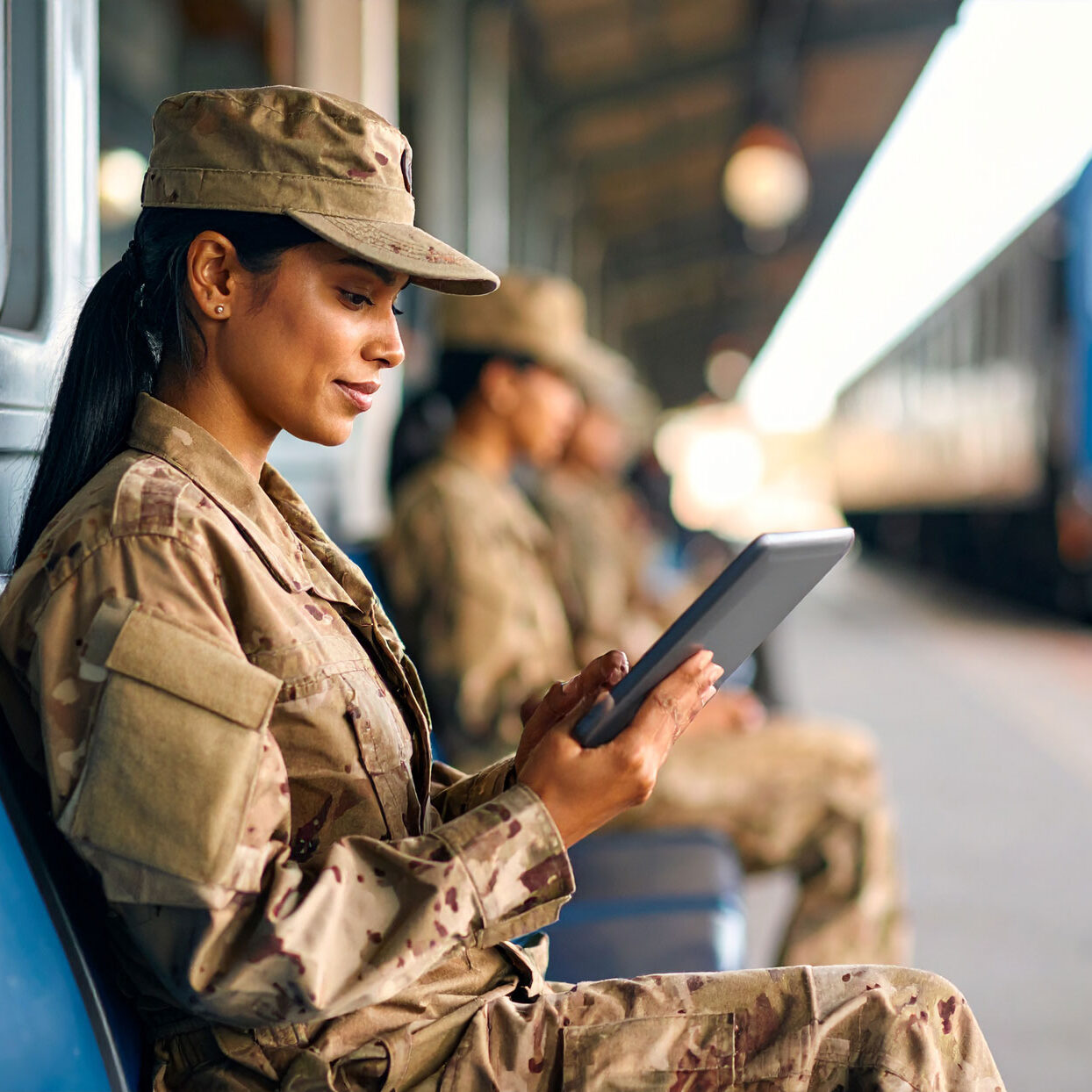 military-woman-reading-a-tablet-sitting-down military-woman-reading-a-tablet-sitting-down